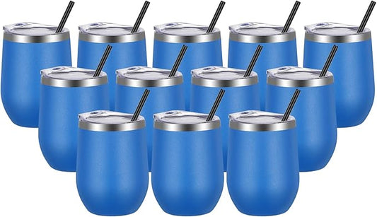 VEGOND Wine Tumblers Bulk 12 Pack, 12oz Stainless Steel Stemless Wine Glass with Lids and Straws, Double Wall Vacuum Insulated Tumbler Cup, Coffee Mug for Cold Hot Drinks