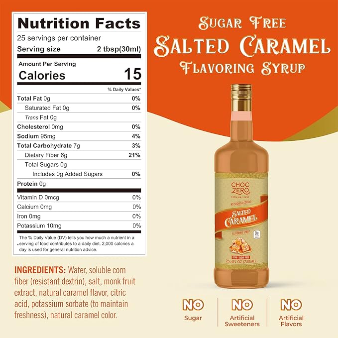 ChocZero Sugar Free Coffee Syrup, Salted Caramel Flavor, Simple Syrup Drink Mix, Salted Caramel Cocktails, Protein Shakes & Baking, Gluten Free, All Natural, 25.4 Ounces (Pack of 1)