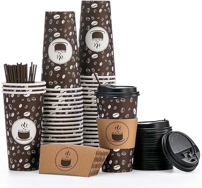 JOLLY PARTY Disposable Coffee Cups with Lids, Sleeves and Straws - 20oz(50 Pack) Paper Cups with Lids, Hot Coffee Cups for Shops, Cafes, and Concession Stands(Dark Brown)