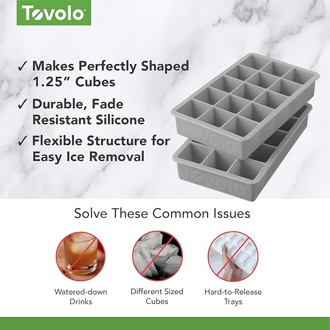 Tovolo Silicone Ice Cube Tray Oyster Gray Pack of 2 BPA Free Ice Tray Mold for Coffee Drinks Cocktails, Dishwasher Safe Easy Release Perfect 1 Inch Cube Ice Tray for Whiskey Bourbon Spirits