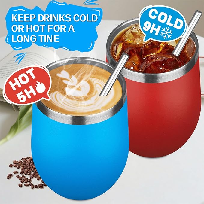 12oz/6 Pack Stainless Steel Wine Tumbler with Lid and Straw, Double Wall Vacuum Insulated Wine Tumbler Glasses, Stemless Travel Mugs for Hot and Cold Drinks, Coffee, Wine, Cocktails