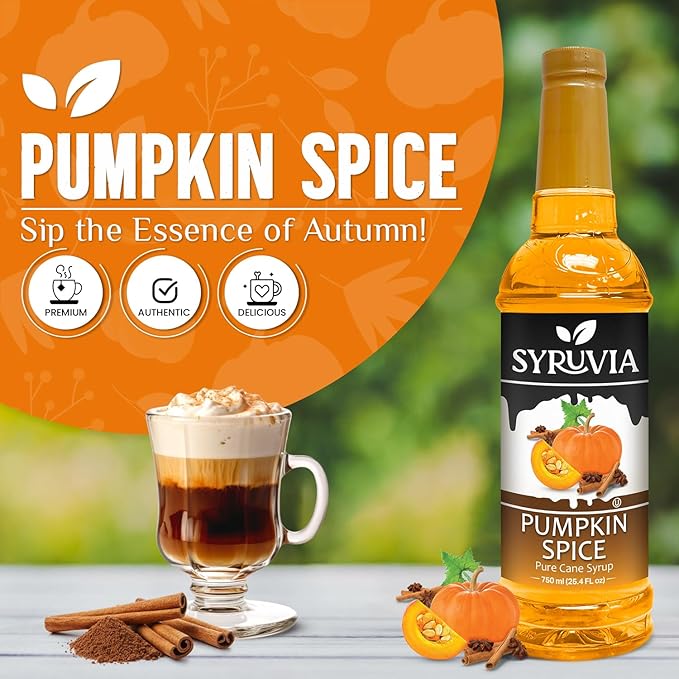 Syruvia Pumpkin Spice Coffee Syrup, Flavored Syrup for Drinks, Lattes, and Desserts – 25.4 fl oz, With Pump