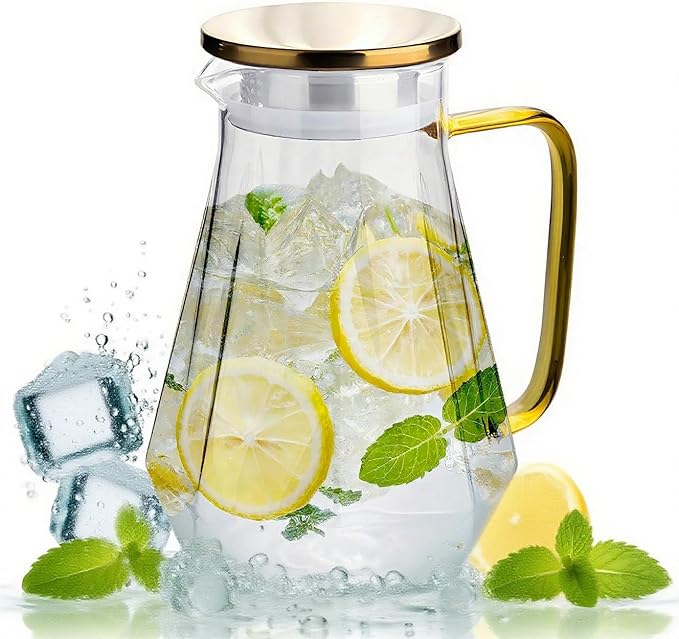 AstraLoom 2 Liter 68oz Glass Pitcher with Leak-Proof Lid - Borosilicate Glass Heat Resistant Carafe,with Handle for Hot/Cold drinks - Iced tea, Juice, Coffee, Featuring Diamond-Cut Design