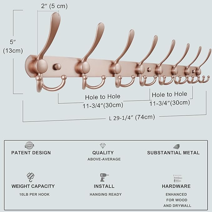 Dseap Coat Rack Wall Mount - 29.5” Long 8-Tri-Hooks Heavy Duty Coat Hanger Rail Wall Hooks for Hanging Coats Hats Clothing Clothes Purse Mudroom Entryway, Rose Gold