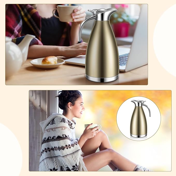 Uiifan 2 Pcs 68 oz Thermal Coffee Carafe Insulated Stainless Steel Coffee Carafe for Hot Liquids Vacuum Thermal Pot Creamer Dispenser with Brushes Keeping Hot Tea Milk Water(Champaign Gold)