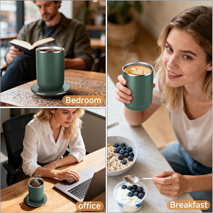 Smart Heated Coffee Mug with Temperature Control, Magnetic Auto Stirring & 3 Heat Levels, Type-C USB Rechargeable Stainless Steel Mug, 8-Hour Shut-Off, Perfect for Desk, Home, Office,Tea – Green 11oz
