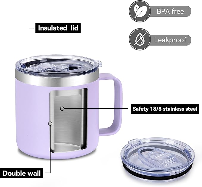 VEGOND 14 oz Insulated Coffee Mug Bulk with Handle, Stainless Steel Travel Coffee Mug with Lid, Double Wall Vacuum Metal Coffee Cup, Coffee Tumbler Powder Coated, Purple 4 Pack