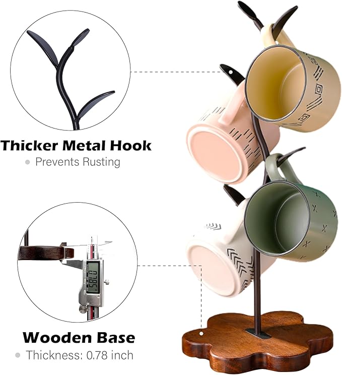 Mug Tree for Coffee Cups – Rustic Mug Holder Stand with 4 Hooks, Countertop Cup Rack for Coffee Bar & Kitchen Organization