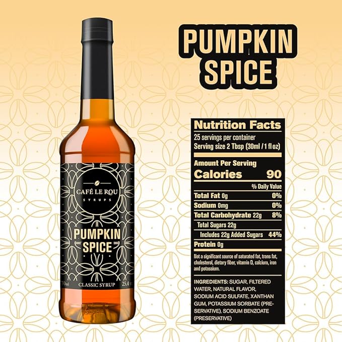 Bottle of Café Le Rou Pumpkin Spice Classic Syrup with nutrition facts and ingredient list on beige background