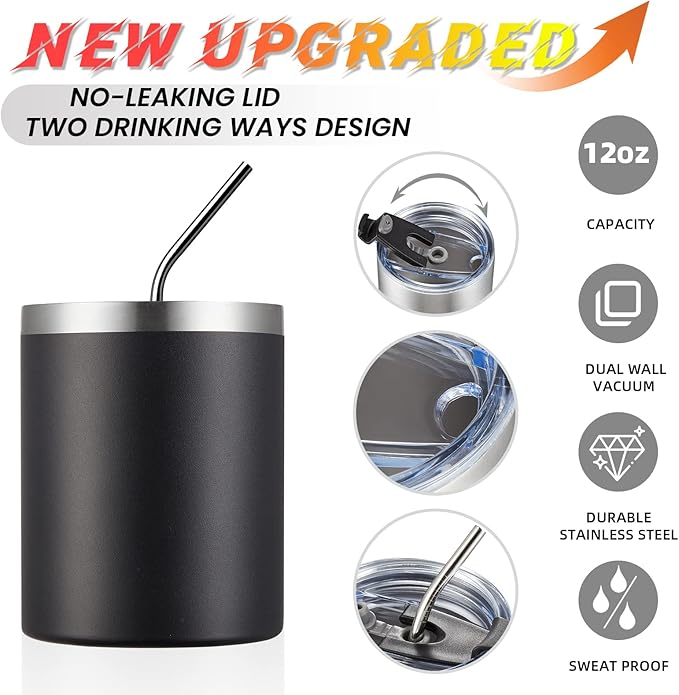 MEWAY 12 oz Lowball, Tumbler Stainless Steel Double Wall Vacuum Insulated Mug with Straw and Lid, Cleaning Brush ，Durable Powder Coated Insulated Coffee Cup for Cold & Hot Drinks (Black, 1 Pack)