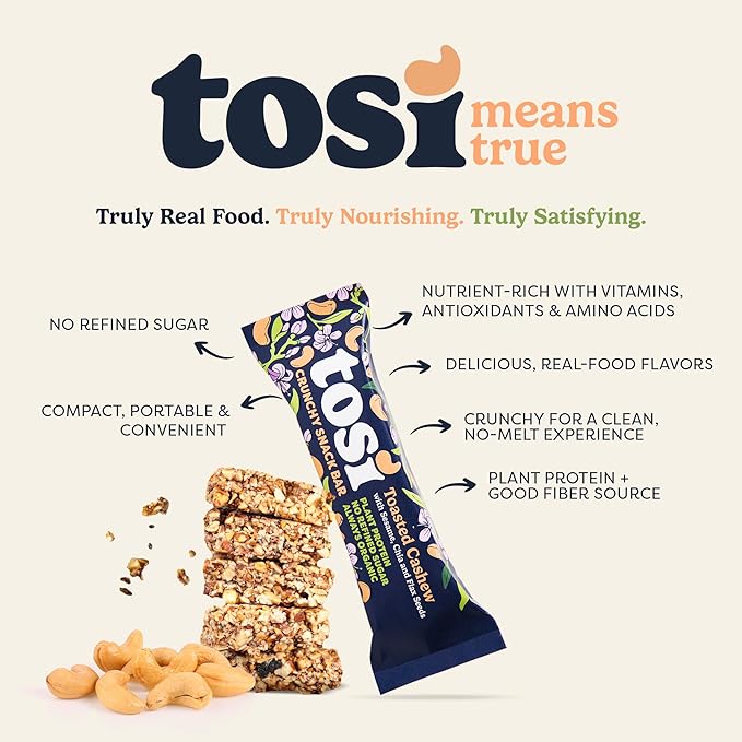 Tosi Nut Bars, Cashew, Healthy Snacks for Adults & Kids, Plant Based Crunchy Bars (6G Protein), Organic Keto Snacks, Vegan, Gluten & Soy Free, Low Sugar, Omega 3s, 1oz, 12-Pack