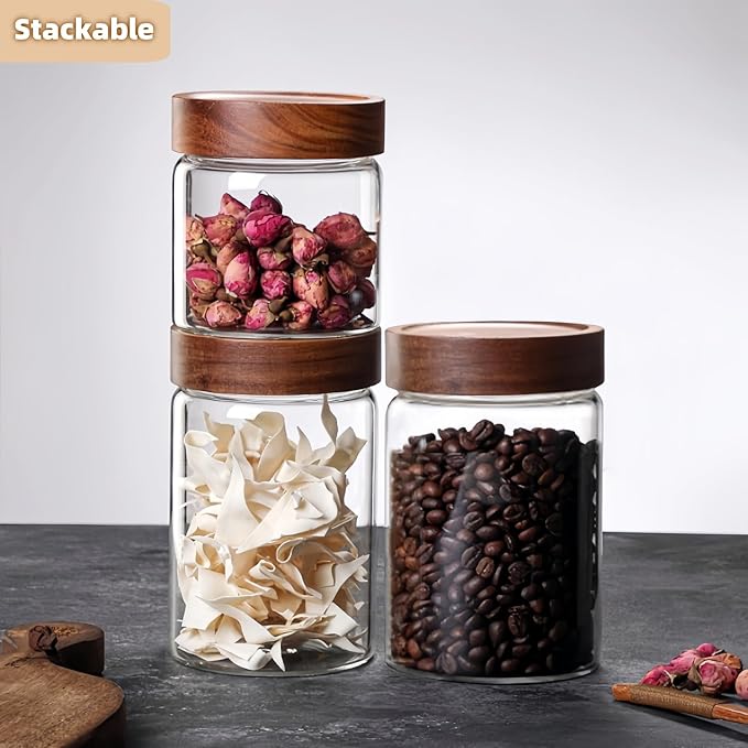 Set of 2 Glass Food Storage Jars, Premium Clear Glass Container Jar with Airtight Wooden Screw Lid, Kitchen Canisters for Coffee,Tea,Pasta,Cookies, Nuts,Spice,Candy,Overnight Oatmeal