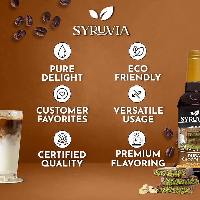 Syruvia Coffee Syrup, Dubai Chocolate Flavored Syrup for Drinks, Lattes, and Desserts – 25.4 fl oz,