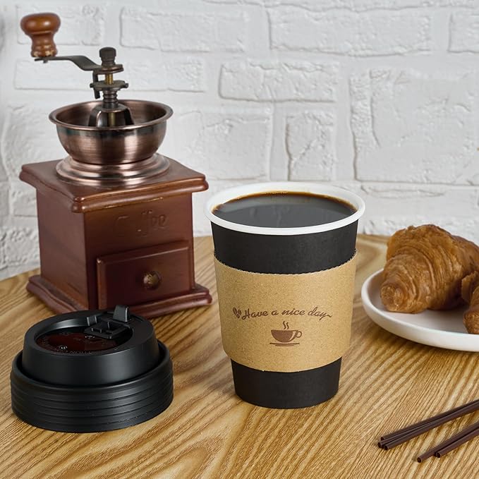 LITOPAK 100 Pack 12 oz Paper Coffee Cups for Hot Chocolate Drinks, Black Disposable Coffee Cups with Lids, Sleeves and Stirring Sticks for Parties, Picnic, Travel, and Events