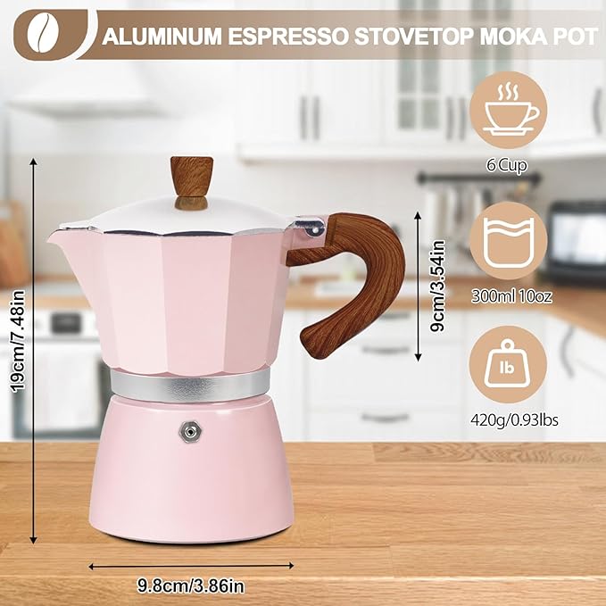 Aluminum 6 Cup 300ml Moka Pot Express Coffee Maker Stovetop Espresso Colorful Coffeemaker Italian Classic Style Brewing Greca Cafe Mocha Machine for Cafeteras Lover Camping Travel and Home Use 10oz