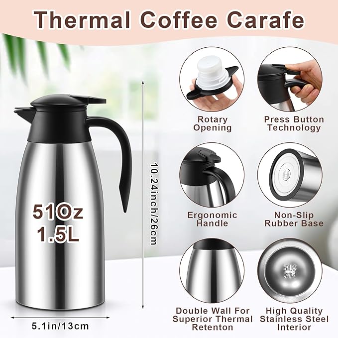 Norme 2 Pcs Thermal Coffee Carafe Insulated Stainless Steel Coffee Carafe for Hot Liquid Vacuum Thermal Pot Creamer Pitcher Dispenser with Brushes Keeping Hot Water Milk(Silver,51 oz)