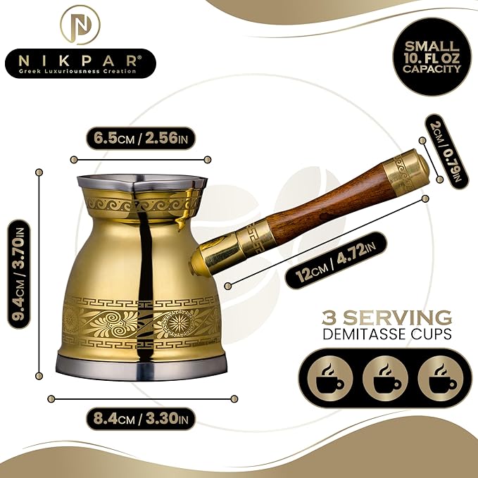 NIKPAR Luxury Greek Coffee Pot Macedonian Collection - Turkish Coffee Pot for Most Type of Stove Top, Arabic Coffee Maker Cezve, Ibrik, Briki with Detachable Handle & Luxury Gift Box (10 oz Small)