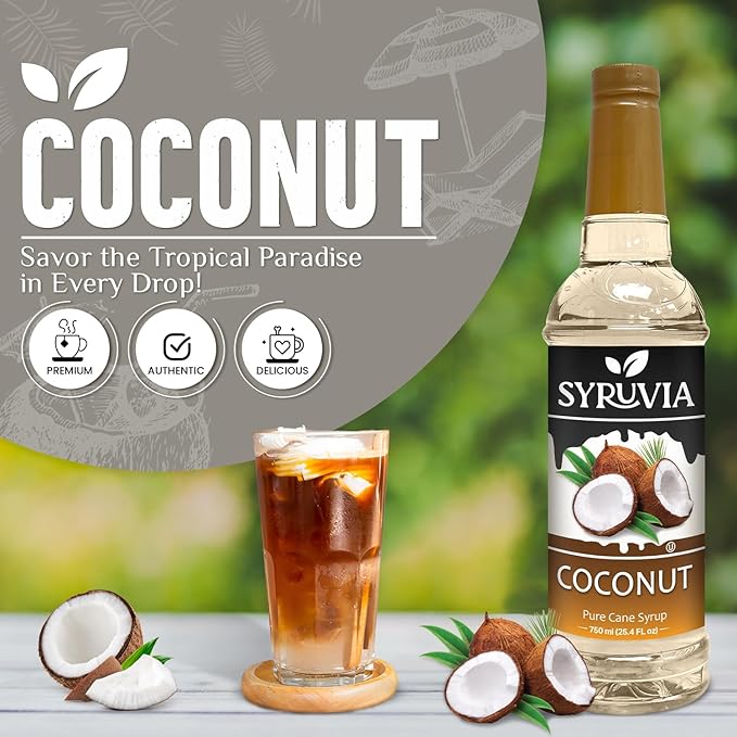 Syruvia Coffee Syrup, Coconut Flavored Syrup for Drinks, Lattes, and Desserts – 25.4 fl oz