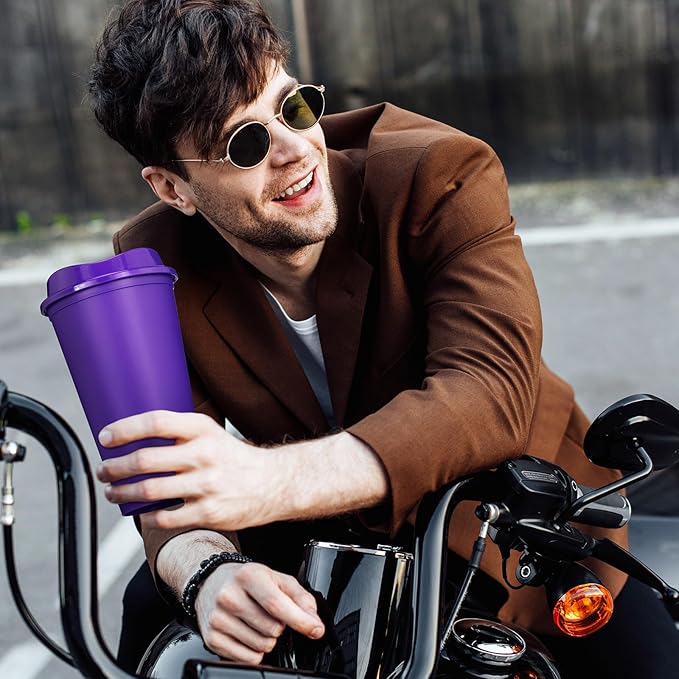 Domensi 15 Pack Reusable Coffee Cups with Lids 16 oz Disposable Travel Cups Bulk Plastic to Go Coffee Tumblers for DIY Hot Cold Drink Party Favors Coworker, Microwaveable (Purple)