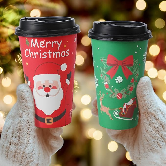 Lamosi Christmas Cups, 100 Pack 16 oz Christmas Disposable Coffee Cups with Lids, To Go Coffee Cups with Lids for Hot/Cold Beverage Drinking Xmas Holiday Party