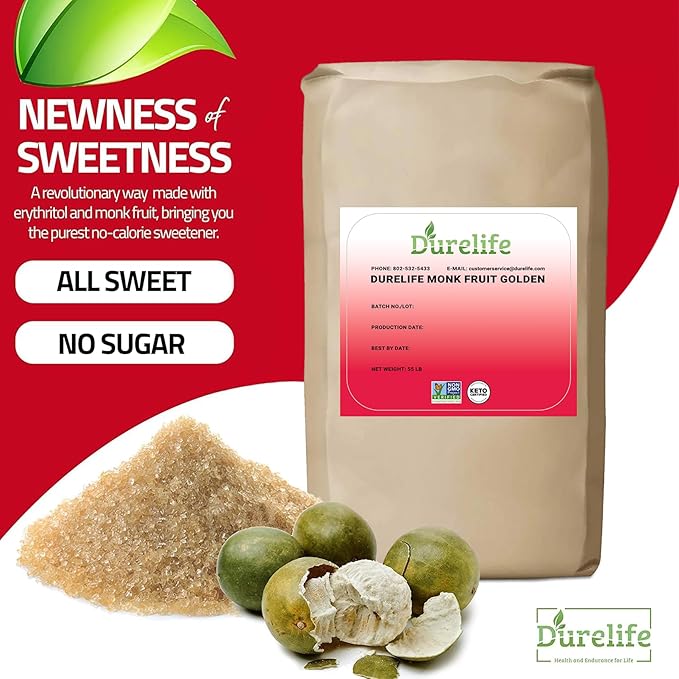 Durelife Golden Monk Fruit Sweetener, 1:1 Sugar Replacement, Keto Diet Friendly, Zero Calorie, Kosher Sugar Substitute, Golden - 55 lb Bulk Bag