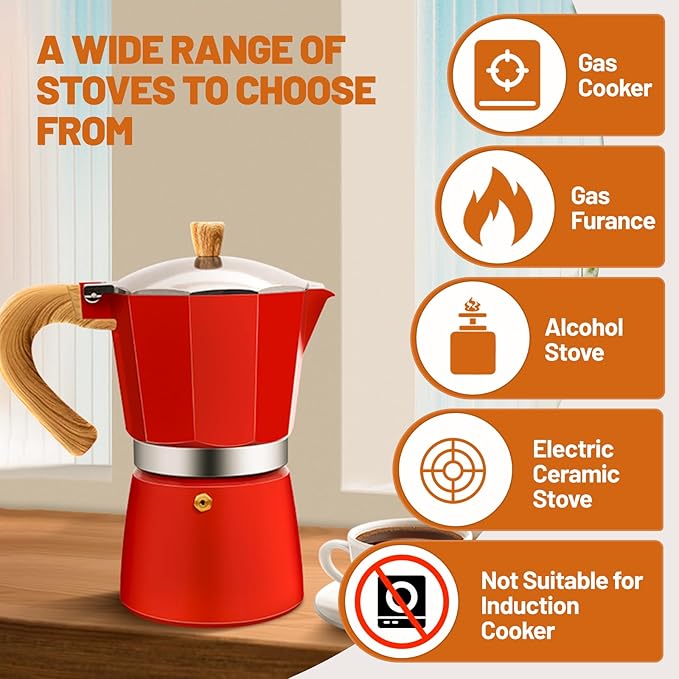 6 Cup Aluminum Espresso Stovetop Moka Pot Express Coffee Maker Percolator Italian Classic Mocha Coffee Machine for Italian and Cuban Cafe Brewing for Home & Camping 300ml 10oz