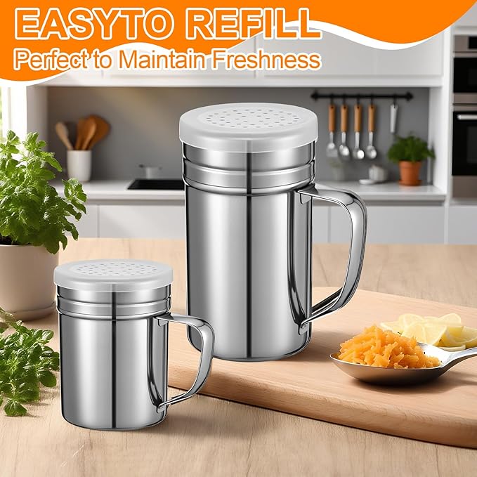 Lallisa 6 Pcs Stainless Steel Salt and Pepper Shakers with Lid and Handle Dredge Spice Seasoning Condiment Popcorn Salt Shaker Powder Sugar Flour for Cooking Kitchen Baking (6oz)