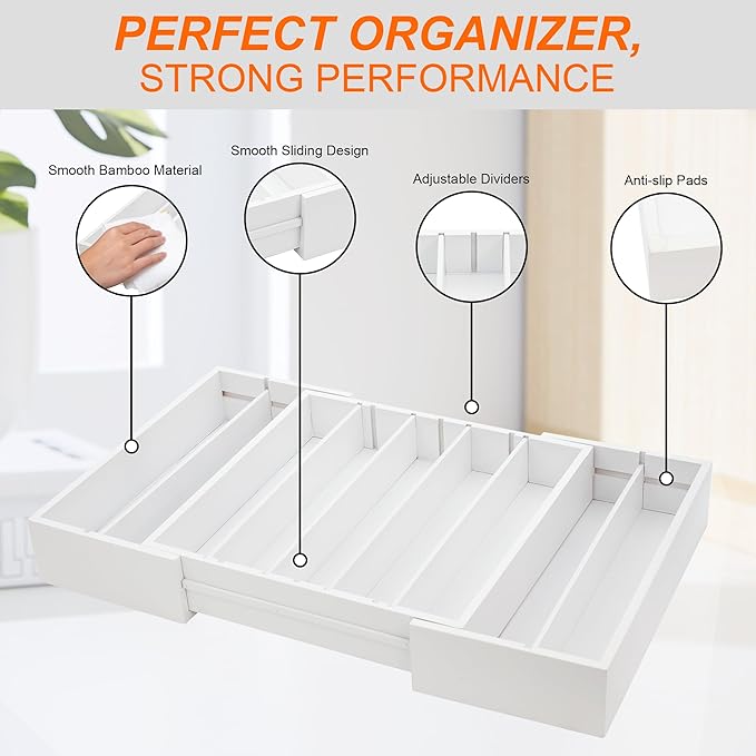 MinBoo Bamboo Drawer Organizer - Expandable K Cup & Pods Holder, Coffee Pod Storage, Tea Organizer, Versatile Kitchen Accessory Organization and Storage,White