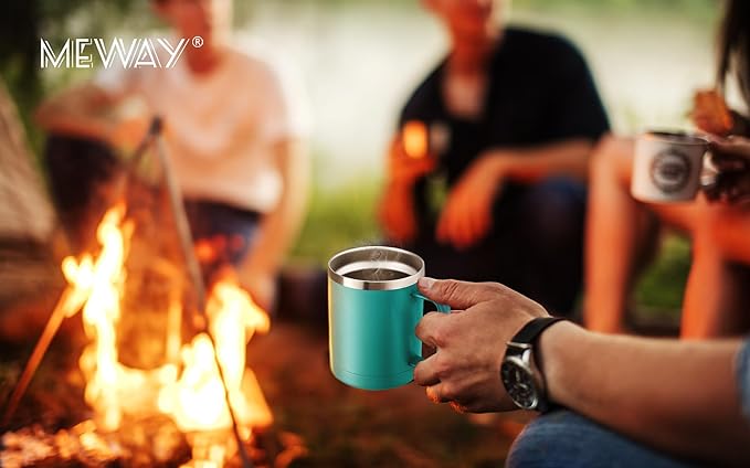 MEWAY 12oz Coffee Mug With Handle and Sliding Lid,Stainless Steel Travel Tumbler Cup with Handle,Double Wall Vacuum Insulated Camping Cup for Hot & Cold Drinks Tea (Light Green,Set of 1