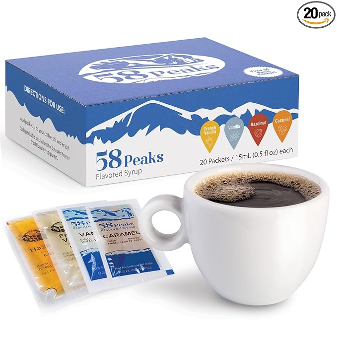 58Peaks Variety Pack of Flavored Syrup Sweetener Packets for Hot and Cold Drinks | To-Go Flavoring for Coffee, Tea, Milkshake and More | Vanilla, Caramel, French Vanilla & Hazelnut | 15mL | 20-Pack