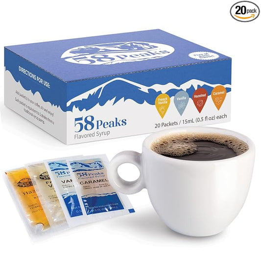 58Peaks Variety Pack of Flavored Syrup Sweetener Packets for Hot and Cold Drinks | To-Go Flavoring for Coffee, Tea, Milkshake and More | Vanilla, Caramel, French Vanilla & Hazelnut | 15mL | 20-Pack