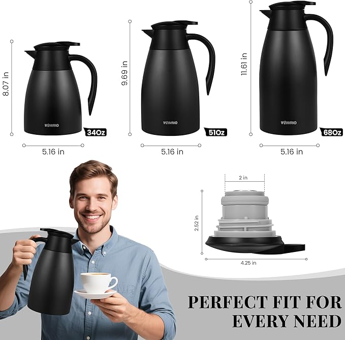 51 Oz Thermal Coffee Carafe, Stainless Steel Insulated Vacuum coffee crafts to keep coffee hot, 1.5 Liter Tea Water Coffee and Beverage Dispenser (Black)