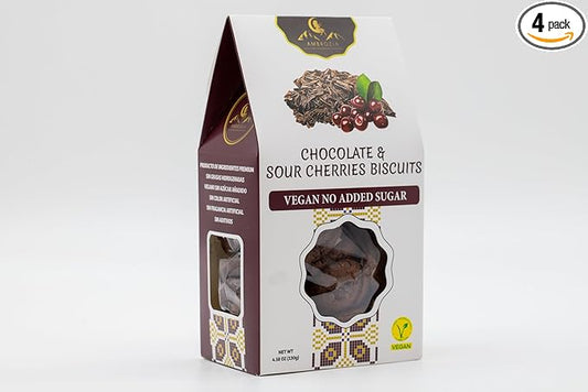Ambrozia Vegan Snack Biscuits – Chocolate & Sour Cherry - Soft Baked, No Added Sugar, Clean Label, High Fiber & Wholesome Ingredients, Kid-Friendly, Healthy Snacks for Active Lifestyles, 4 x 4.58 Oz