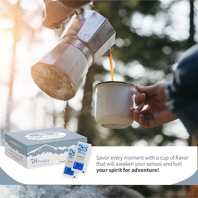 58Peaks Vanilla Flavored Syrup Sweetener Packets for Hot and Cold Drinks | To-Go Syrup Flavoring Perfect for Coffee, Tea, Milkshake and More | Flavored Coffee Syrups for Travel | 15mL | 20-Pack
