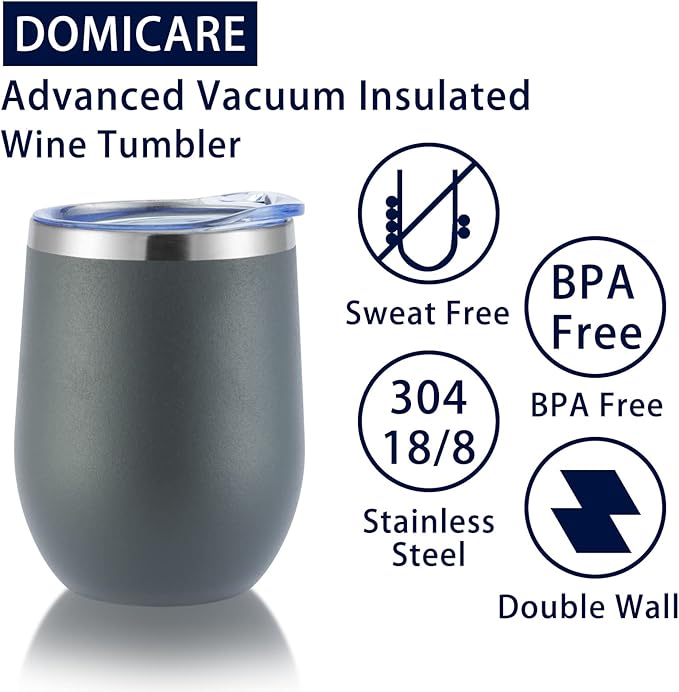 DOMICARE Stainless Steel Wine Tumbler Bulk with Lid, Personalized Insulated Tumblers Set, 12oz Travel Coffee Cups Pack of 4, Gray