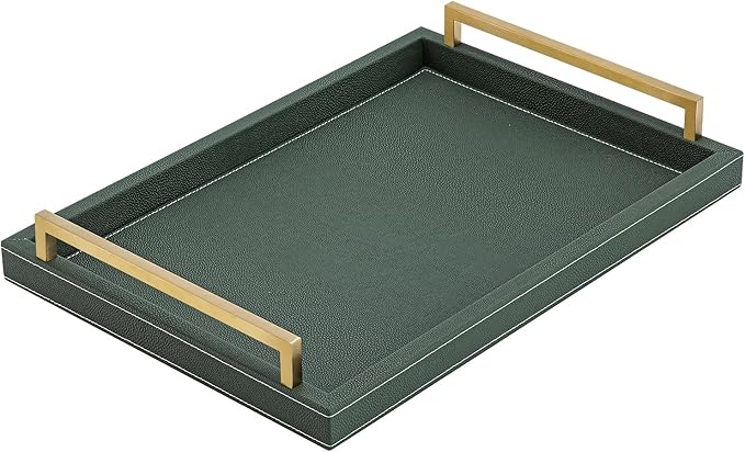 Green Decorative Serving Tray,Rectangular Tray for Coffee Table,Faux Leather Serving Tray with Handles for Ottoman,Shagreen Leather Tray for Bathroom