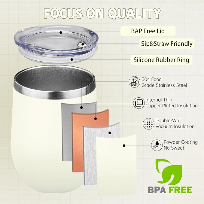 12oz/4 Pack Stainless Steel Wine Tumbler with Lid and Straw, Double Wall Vacuum Insulated Wine Tumbler Glasses, Stemless Travel Mugs for Hot and Cold Drinks, Coffee, Wine, Cocktails