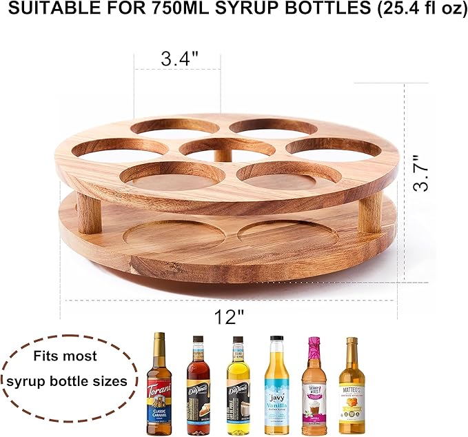 Acacia Wood Rotating Syrup Organizer, 7 Bottle Syrup Rack, Coffee Station Organizer with Large Base and Anti-Slip Pads