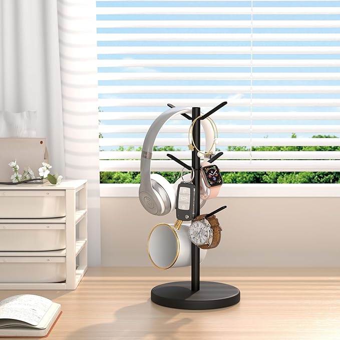 Coffee Mug Tree Holder Countertop, Non-Slip Walnut Wood Mug Rack with 6 Hooks, Coffee Cup Rack for Home Storage and Organizer (Black)