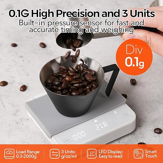 Rechargeable Mini Coffee Scale with Timer, 2kg/0.1g Precision Espresso Scale, Portable Coffee Weight Scale w/ 4 Modes for Espresso and Pour-Over Coffee (White)