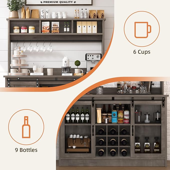 4ever2buy Farmhouse Coffee Bar Cabinet with 3 Storage Hutch, 47”Coffee Bar with Sliding Barn Doors, Hutch Cabinet with 6 Hooks & 9 Wine Racks for Dining Room, Kitchen, Wash Grey