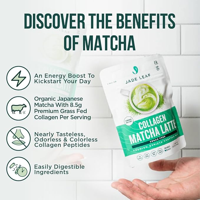 Jade Leaf Matcha Café Style Sugar Free Matcha Latte Green Tea Powder with Grass Fed Collagen, Monkfruit Sweetened, Premium Barista Crafted Mix, Authentically Japanese, 15 Servings (5.3 Ounces)