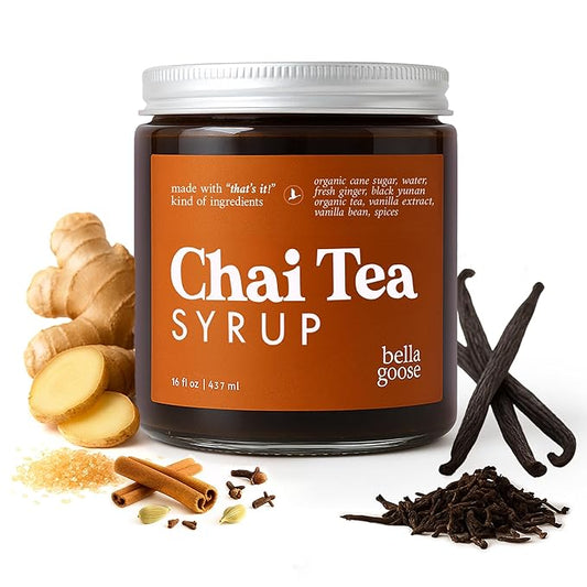 Bella Goose Chai Tea Syrup for Coffee (16oz) - Homemade Chai Tea Latte Syrup with Pure Cane Sugar, Vanilla & Spices - Clean Ingredient - No Artificial Flavors, Oils or Dyes Syrups for Coffee Drinks