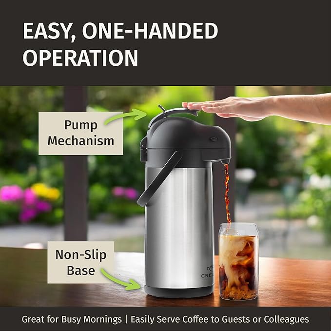 Coffee Carafe Airpot & Cleaning Brush - 101oz / 3L Airpot 12 Hours Hot Water Dispenser or 36 Hours Cold Drink Dispenser with Pump - Easy Dispensing Coffee Carafes for Keeping Hot Extra Large - Cresimo