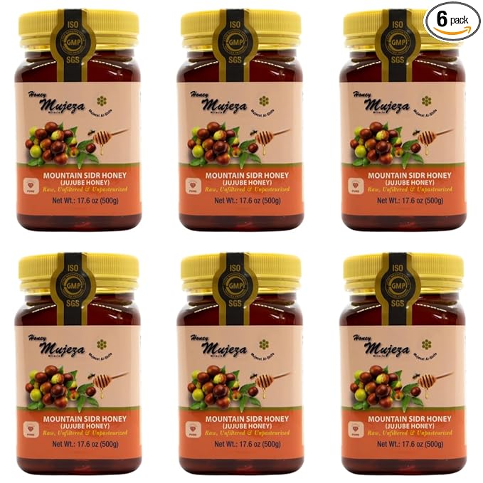 Authentic Mountain Sidr Honey - Jujube, Equal to Manuka Effectiveness Unheated Unfiltered Unprocessed 100% Natural Gluten Free Raw Liquid Honey (6 Jars 500g/17.6oz)