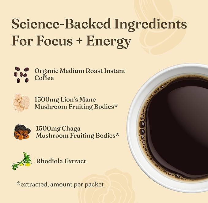 Four Sigmatic Focus Organic Mushroom Coffee | Instant Mushroom Coffee Mix with Lion's Mane, Chaga and Rhodiola for Better Focus and Immune Support | 10 Packets
