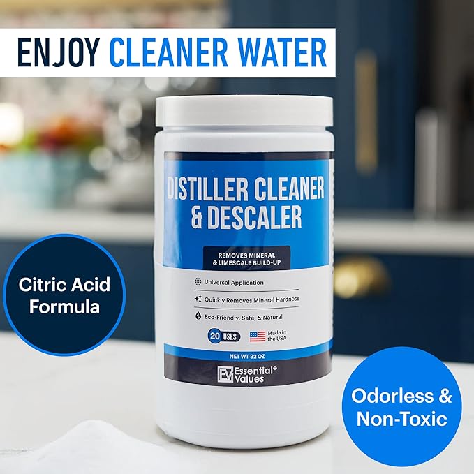 Essential Values Distiller Cleaner Descaler - 2 LBS Water Distiller Cleaner - Citric Acid for Cleaning Powder for Distilling Machines, Kettles - Remove Limescale & Mineral Buildup