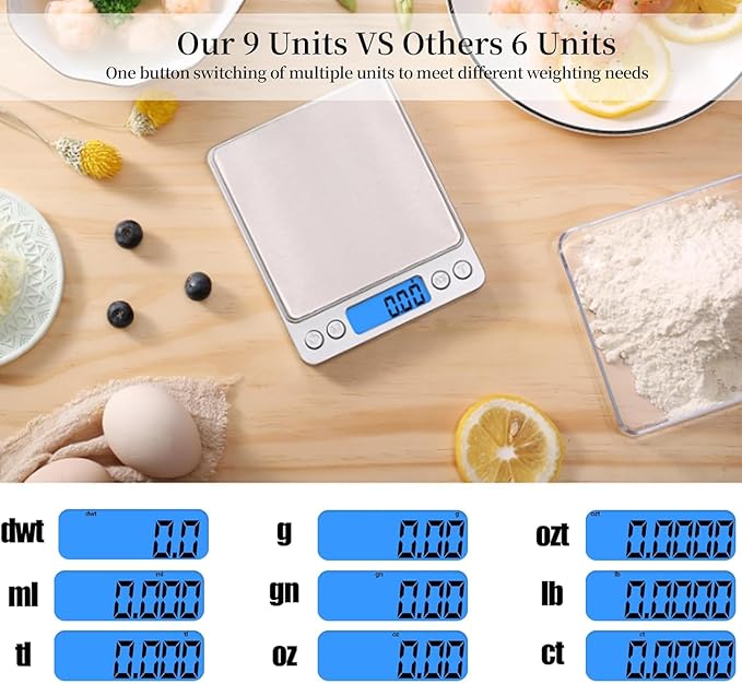 Digital Gram Scale 1000g/0.01g, Scale for Food Ounces and Grams, Upgrade USB Charging Kitchen Scale Digital Weight for Cooking, Baking, Tare Function, 9 Units, 2 Tray