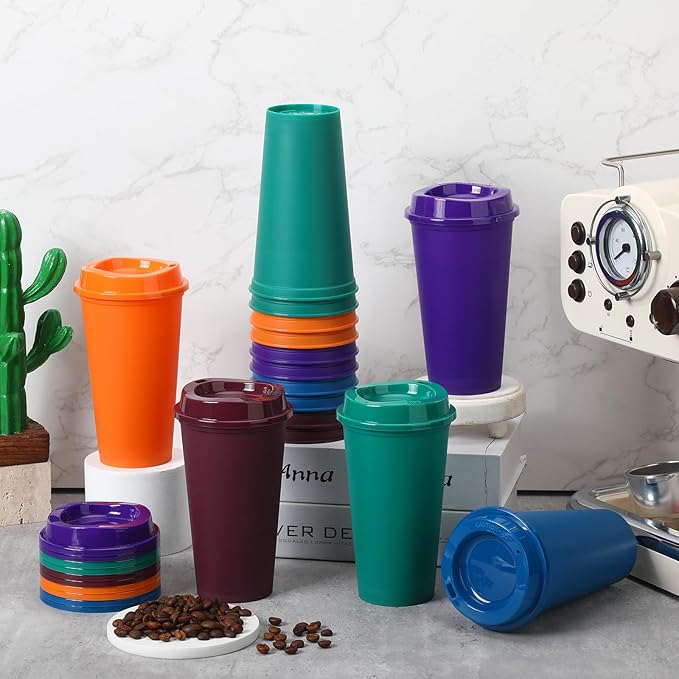 Domensi 15 Pack Reusable Coffee Cups with Lids 16 oz Disposable Travel Cups Bulk Plastic to Go Coffee Tumblers for DIY Hot Cold Drink Party Favors Coworker, Microwaveable (Colorful)