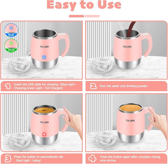 Self Stirring Mug, Rechargeable Automatic Magnetic Stirring Coffee Mug with Transparent Lid, Waterproof Stainless Steel Electric Mixing Cup, Can Stir Milk/Coffee/Cocoa Powder, Suitable for Office/Home